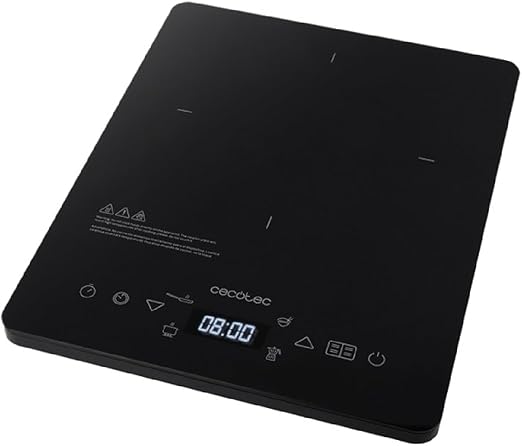 Cecotec Placa de Inducción Portátil Full Crystal Onyx. 2000 W, Cristal Esmaltado, Control Táctil, Potencia y Temperatura Regulable, 4 Programas Preconfigurados, Temporizador, Diámetro 28 cm