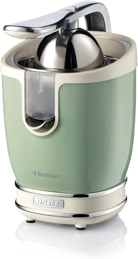 Ariete 413-04 - Exprimidores eléctricos Vintage 85 W, silencioso, 2 conos diferente tamaño, recogecable, boquilla acero inoxidable, función antigoteo, cuerpo metal verde
