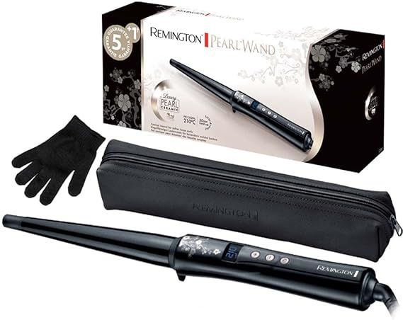 Remington Rizador Pelo Ondas cónico 13-25 mm Pearl revestimiento cerámico con perlas pantalla LCD 130-210 °C, guante resistente al calor, rizos naturales, rizos en espiral y ondas playeras, CI951