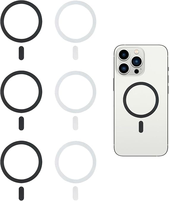 6 Piezas Anillo de Metal Adhesivo, Anillo Metálico Magnético Universal para Carga Inalámbrica, Compatible con iPhone 15 y 14 Series, Anillos para Mejorar la Adherencia Magnética, 3 Negros y 3 Blancos