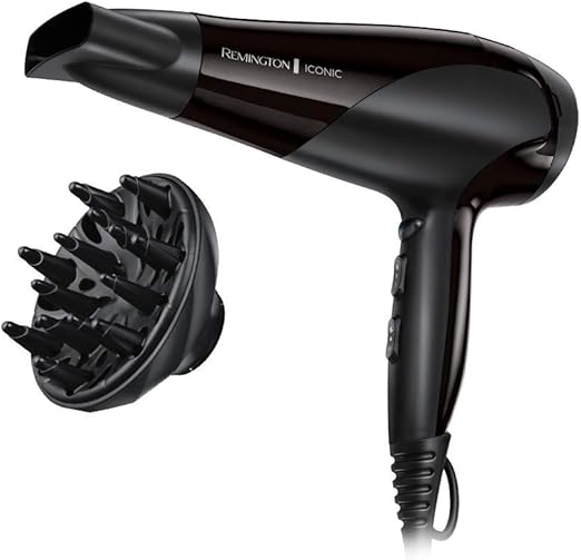 Remington Secador de Pelo Ionic Dry 2200, Iónico, Cabello Sin Encrespamiento, 2200 W, Concentrador y Difusor, 3 Temperaturas, 2 Velocidades, Rejilla Trasera Desmontable, Gancho Para Colgar, D3198