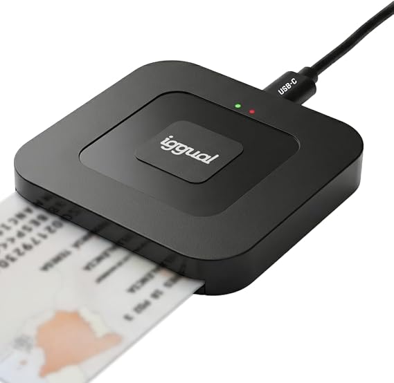 Iggual Lector DNI Electrónico y Tarjetas Inteligentes - Conexión Entrada Tipo C - Admite Cables de Salida USB-A y USB-C - Compatible DNIe 4.0 - Velocidad de Lectura 420 kbps - Windows, macOS y Linux