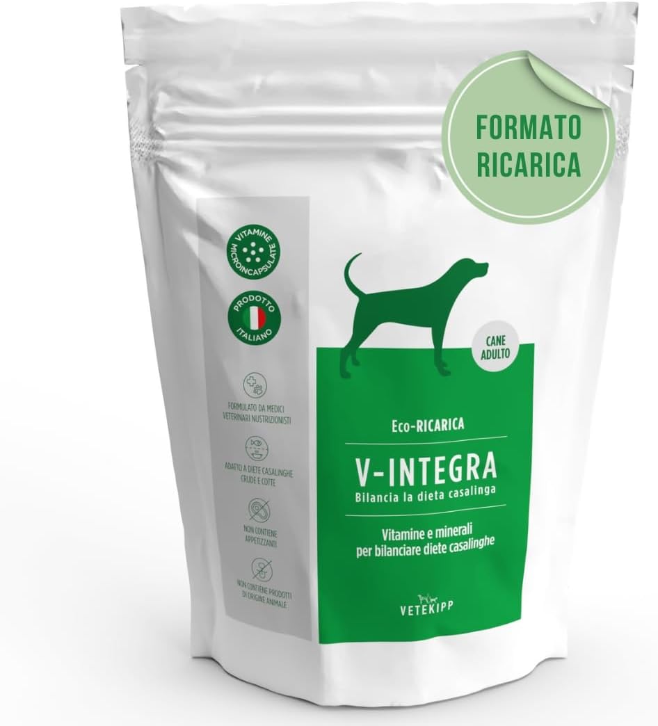 V INTEGRA Perro Adulto 1kg Eco Recarga, Suplemento Completo Rico en Vitaminas y Minerales para Equilibrar Dieta Casera y Barf, V Integra Vitaminas para Perros, Suplementos para Perros Made in Italy