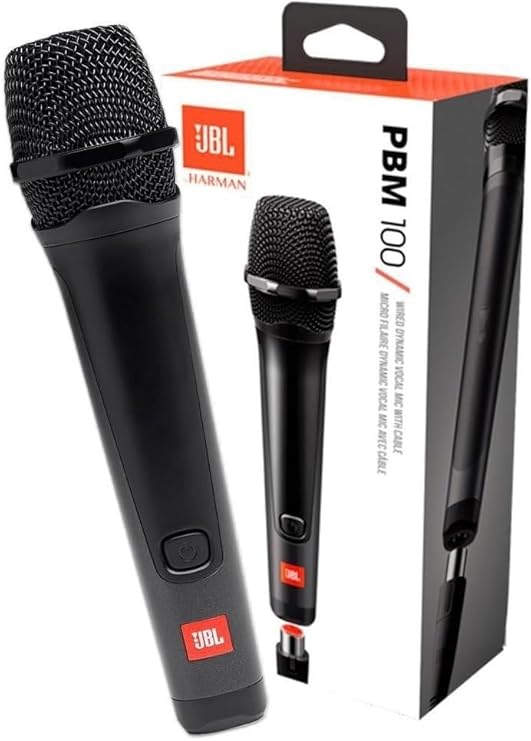 JBL Micrófono PBM 100 con cable, micrófono vocal dinámico para tus fiestas o ratos con tus amigos con modelo cardioide con el legendario sonido JBL, fácil de usar, en negro