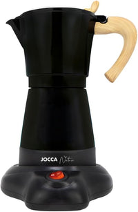 JOCCA, Cafetera Italiana Eléctrica de Aluminio, 6 Tazas, Cafetera Portátil y Manual con Mango de Madera, Negra, Máquina de Café Estilo Moka