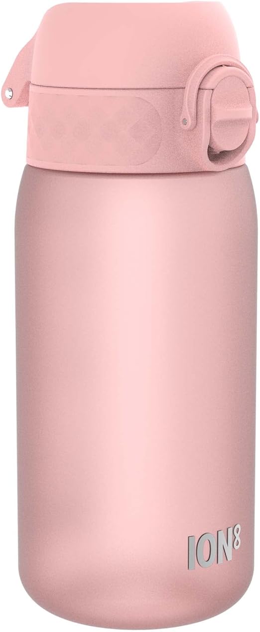 ion8 Botella de Agua para Niños, 350ml, a Prueba de Fugas, Fácil de Abrir, Cerradura Segura, Apta para Lavavajillas, Sin BPA, Asa de Transporte, Fácil de Limpiar, Neutro en Carbono, Cuarzo Rosa