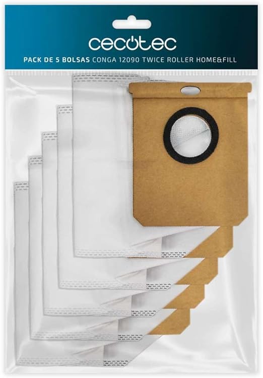 Cecotec Pack de 5 Bolsas para la Base de Autovaciado del Robot Aspirador Conga 12090 Twice Roller Home&Fill. Incluye 5 Bolsas Higiénicas con 2 litros de Capacidad