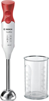 Bosch ErgoMixx MSM64110 - Batidora de mano, 450 W, velocidad Turbo, cúpula con cuatro cuchillas, con vaso de mezclas, color rojo, blanco y gris