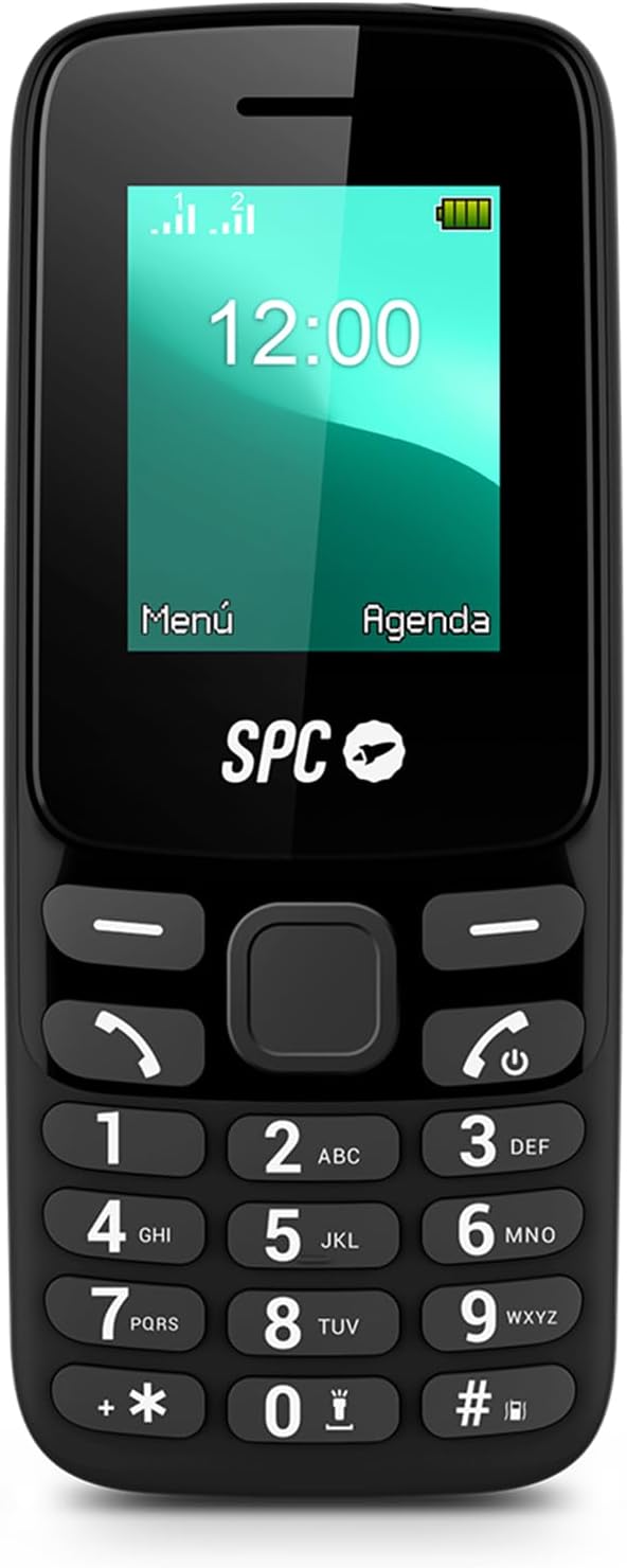 SPC Talk 2 Go – Teléfono móvil básico | Pantalla 1,8" | Batería 9 días | Volumen Timbre Llamada 103dB | Linterna, Radio FM | USB-C y Dual-SIM | Muy Compacto y Ligero, Color Negro