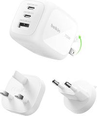 Belkin Cargador USB C con 3 Puertos, Cargador de Pared GaN de 70 W con 2 Puertos USB-C y 1 USB-A, Enchufe US/UK/EU, Carga Rápida MacBook, iPhone, iPad Pro, Samsung Galaxy, Google Pixel y otros, Blanco