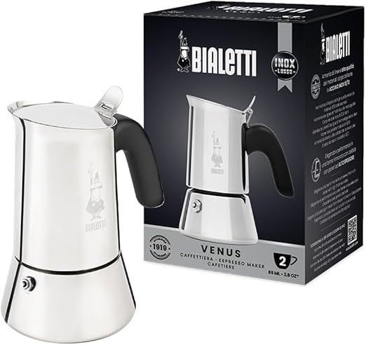 Bialetti Cafetera Venus, Mango Anti-escaldaduras, No Apta para Inducción, 2 Tazas (85ml), Acero Inoxidable