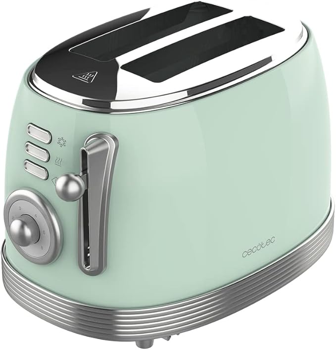 Cecotec Tostadora Toast&Taste 800 Vintage Light Green. 850 W, Doble Ranura Corta Extra anchas de 3,8 cm, 2 Tostadas, Acabados en Acero Inoxidable, Estilo Vintage, 3 Funciones, Verde