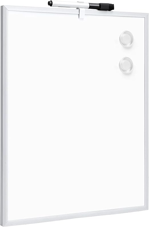 Amazon Basics pizarra magnética blanca de borrado en seco, marco de aluminio, tablón de anuncios magnético, montaje adhesivo de pared; para el hogar, la oficina y la escuela, 28 x 36cm