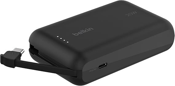 Belkin BoostCharge batería Externa de 10 000 mAh, Power Bank portátil con Cable Integrado PD (20 W), Carga rápida por USB-C Power Delivery 10K, Cargador móvil, Negro
