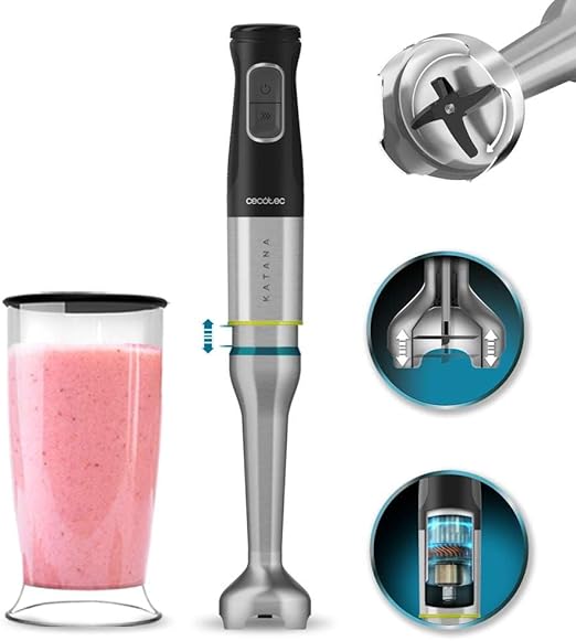 Cecotec Batidora de Mano Katana 15 Jar D. 1500 W, 21 Velocidades y Turbo, 4 Hojas con Titanio Negro, Campana antisalpicaduras, Pie extralargo, Vaso 800 ml