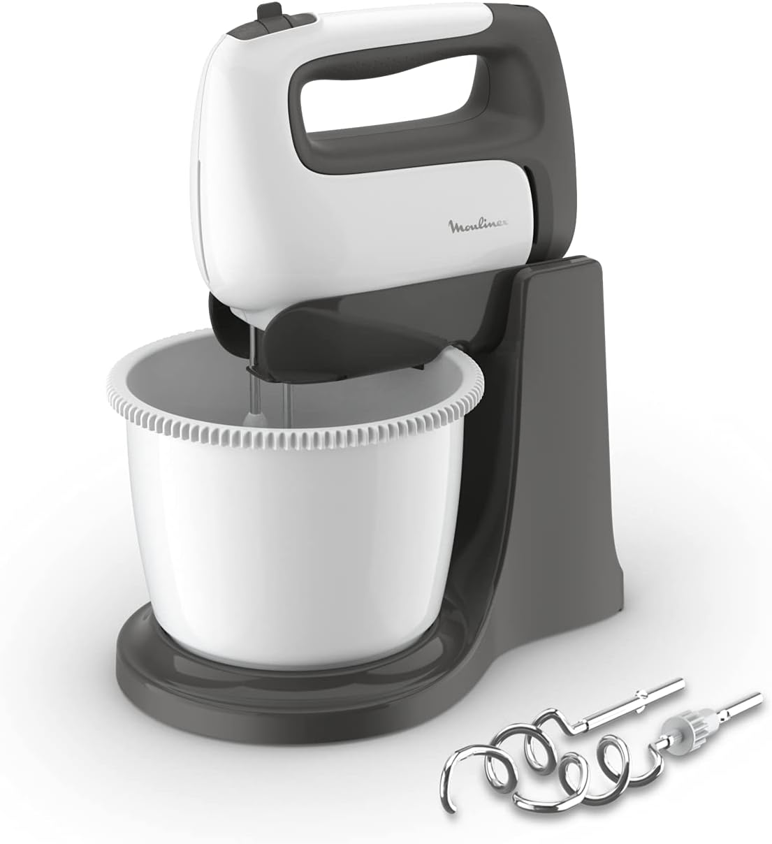 Moulinex HM4641 Prep'Mix+ Batidora eléctrica, con varillas y ganchos amasadores de acero inoxidable para mezclar, batir y montar, recipiente autoajustable de 2,5 l, 5 velocidades y ajuste turbo