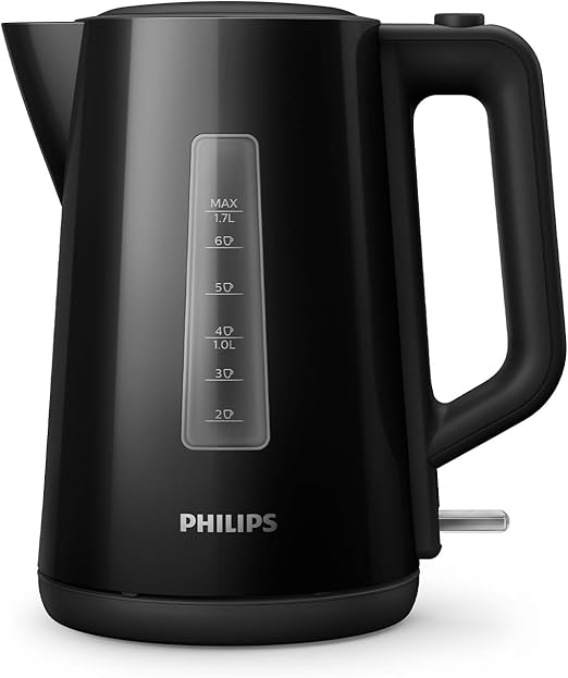 Philips Hervidor Serie 3000-1,7L Tapa con resorte, Resistencia plana, Luz indicadora, Filtro extraíble, Múltiples sistemas de seguridad, Negro (HD9318/20)