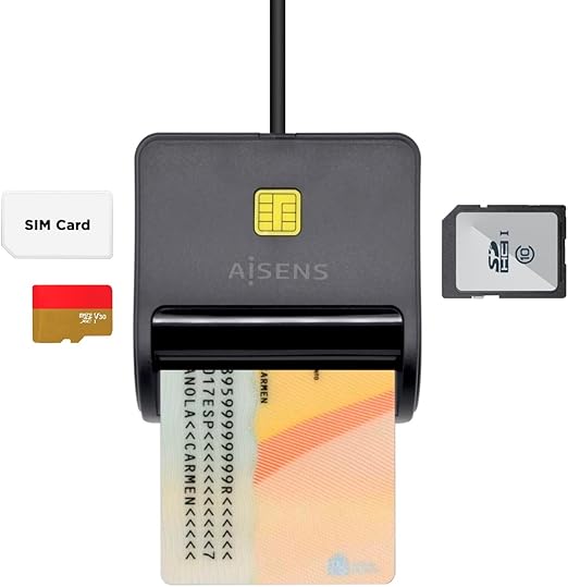 AISENS Lector de Tarjeta Inteligente DNI con Lector de Tarjetas SIM. SD. Micro SD. MMC. RS-MMC. MMC Micro. Negro