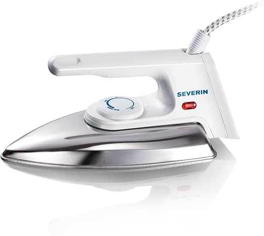 SEVERIN Plancha de mano sin vapor con suela de aluminio pulido y regulación continua de la temperatura, Mini plancha ligera de 600 g con protección contra dobleces del cable, blanca, BA 3211
