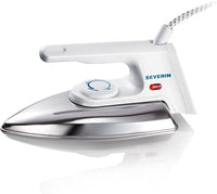 SEVERIN Plancha de mano sin vapor con suela de aluminio pulido y regulación continua de la temperatura, Mini plancha ligera de 600 g con protección contra dobleces del cable, blanca, BA 3211
