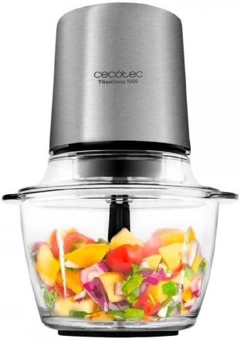 Cecotec 3043 Picadora Eléctrica TitanGlass 1000. Multifuncion (Pica, Tritura, Pulveriza, Trocea), Cuchillas Recubrimiento Titanio Desmontables, Capacidad 1l, Vidrio Resistente, 400 W