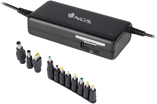 NGS BAN - Cargador Universal Manual 90 W para Ordenador Portátil, Cargador con 11 Adaptadores Compatibles con HP, Dell, Asus, Lenovo, Acer, Negro