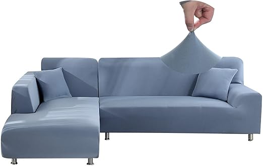 Jaotto Fundas para Sofás Chaise Longue Elásticas,Cubre Fundas de Sofá Cheslong Brazo Largo Derecho Ajustables de Forma L Extraíbles Lavables,Fundas Protectora para Sofa(3 Plazas+3 Plazas,Gris Azul)