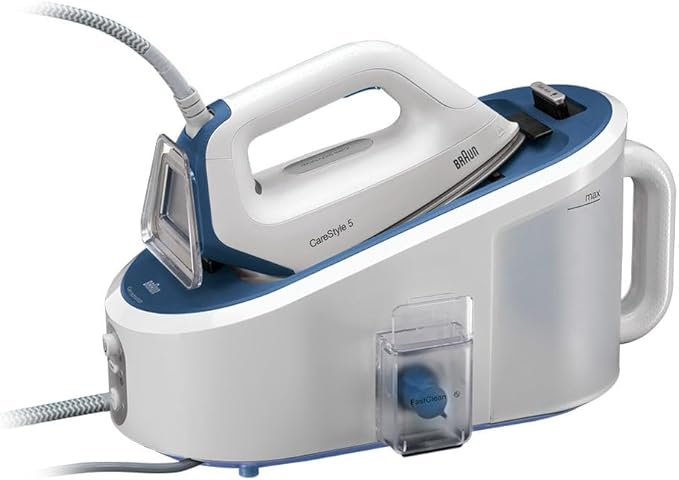 Braun Hogar Carestyle 5 IS5145WH Centro de Planchado, Suela bidireccional eloxal 3D, depósito extraíble 2 L, Golpe de Vapor 400 gr/min, 2400 W, plástico, Blanco y Azul