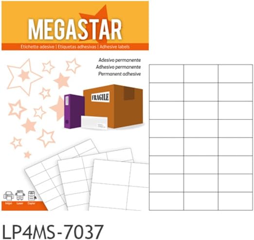 Caja 100 hojas etiquetas blancas sin márgenes-láser/inyección de tinta/fotocopiadoras-70x37 mm megastar lp4ms-7037