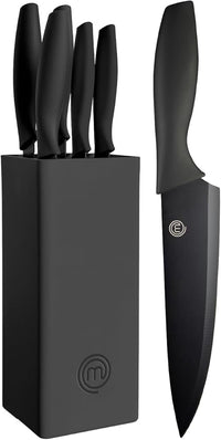 MasterChef Juego de Cuchillos de Cocina con Soporte Taco Universal con Set para Pan, Cebollero, Chef, Carne y Pelar, en Acero Inoxidable, 5 Piezas, Negro, Stainless Steel, Negro, Tacto Suave