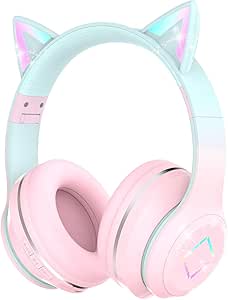 Xunpuls Auriculares Bluetooth para niños, con luz LED, Bluetooth 5.1 y Sonido estéreo, Plegables, Diadema Ajustable, Auriculares para niños con micrófono sobre la Oreja para la Escuela/Tableta (Rosa)
