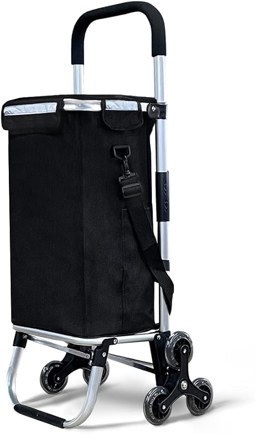 VOUNOT® Carrito Compra Plegable de Aluminio, Carro de la Compra 6 Ruedas con Bolsa Impermeable Desmontable, 58L, Negro