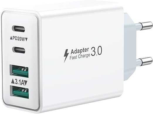 Cargador USB C, 40W 4 Puerto Enchufe USBC Carga Rapida para iPhone 16 15 Plus 14 13 12 11 Pro MAX, iPad, Samsung, Múlti Movil Charger Cabezal Dual QC 3.0 y PD Rápido Pared Adaptador Tipo C Enchufe