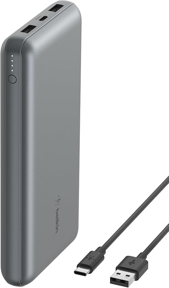 Belkin Cargador USB-C portátil de 20000mAH, batería Externa 20K con Puerto USB-C de Salida/Entrada, Power Bank con 2 Puertos USB-A y Cable USB-C a USB-A para iPhone, Galaxy, iPad - Gris Espacial