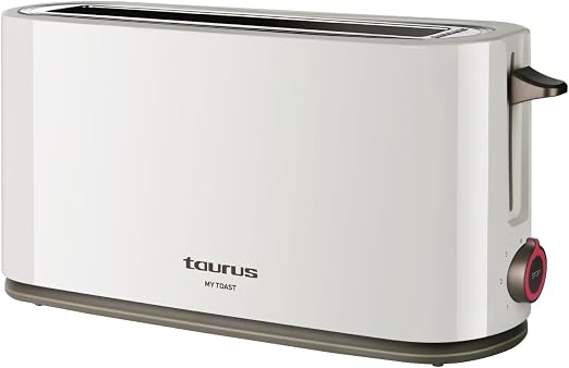 Taurus Mytoast - Tostadora de pan de una ranura larga y extra ancha 1000W. Función cancelar, recalentar y descongelar. 7 niveles de tostado. Sistema Auto-Centrado. Bandeja recogemigas.