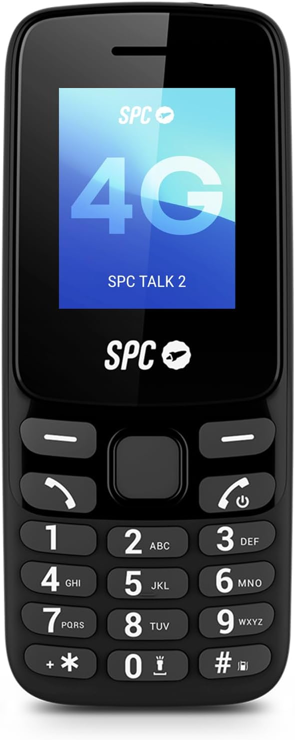 SPC Talk 2 – Teléfono móvil básico 4G | Batería de 6 Días | Pantalla 1,8" | Volumen Timbre 106 dB | De Bolsillo y Ligero, con cámara, Linterna y Radio FM | USB-C | 9 memorias rápidas | Negro
