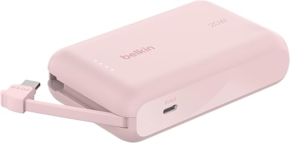 Belkin BoostCharge batería Externa de 10 000 mAh, Power Bank portátil con Cable Integrado PD (20 W), Carga rápida por USB-C Power Delivery 10K, Cargador móvil, iPhone 16, iPad Pro, Galaxy S24 y Otros