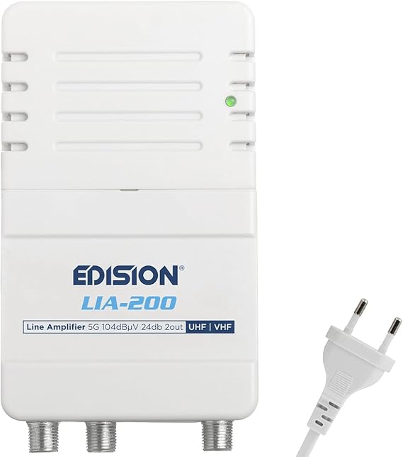 EDISION LIA-200 Amplificador Interior de Vivienda UHF/VHF, 12-24db Ajustable, 104dBmV, para Digitale Terrestre DVB-T/T2, con Filtro 5G LTE, 1 Entrada, 2 Salidas