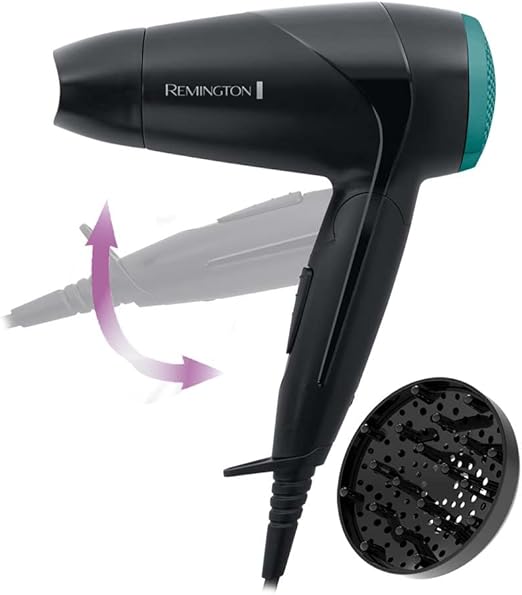 Remington Secador de Pelo Pequeño Compacto, Secador de Viaje, Plegable, óptimo Gimnasio, Concentrador, Difusor Compacto, Caudal 60km/h, 2 Velocidades, Gancho Para Colgar - D1500