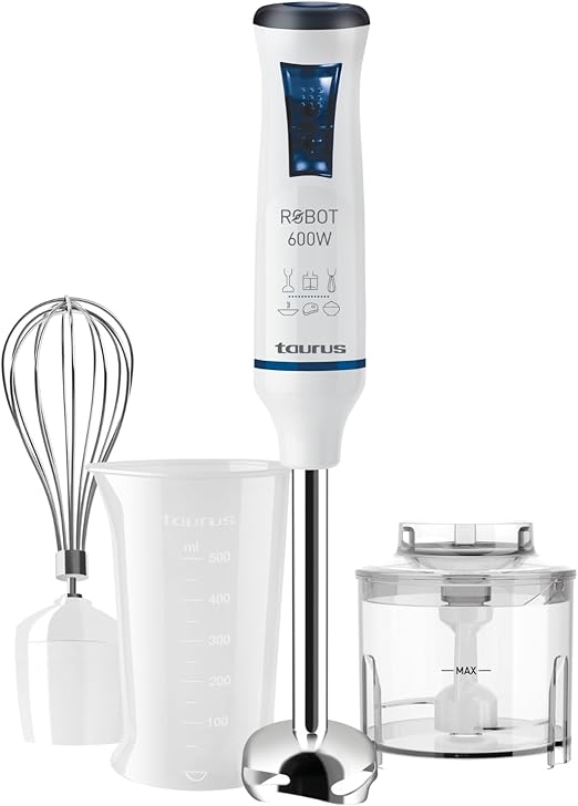 Taurus - Batidora de mano Robot 600 Plus Inox, 600W de potencia, 20 velocidades y Turbo, Cuchilla de acero inoxidable, Turbo Rotation System, Ergonómico, Incluye accesorios, Azul y blanco