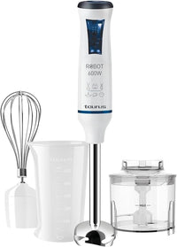 Taurus - Batidora de mano Robot 600 Plus Inox, 600W de potencia, 20 velocidades y Turbo, Cuchilla de acero inoxidable, Turbo Rotation System, Ergonómico, Incluye accesorios, Azul y blanco