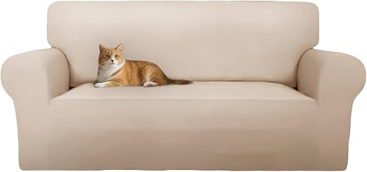 Cotopuro Funda de Sofá 4 Plazas (240-290cm) Elástico, Funda Sofá de Terciopelo Ajustables Antiarañazos para Gatos, Protector Sofa Universal, Súpara Suave y Cómoda - Beige