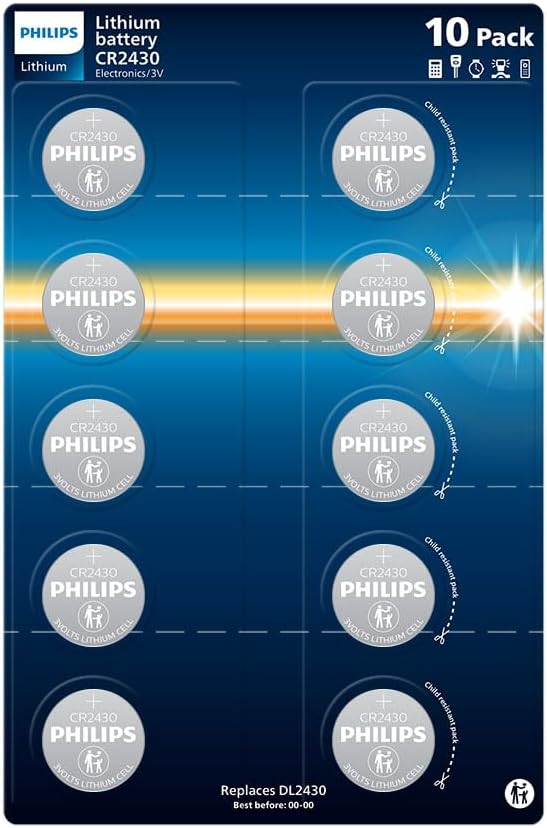 Philips Lithium 3 Volt CR2430, baterías adecuadas para Relojes, termómetros y mandos a Distancia, Paquete de 10