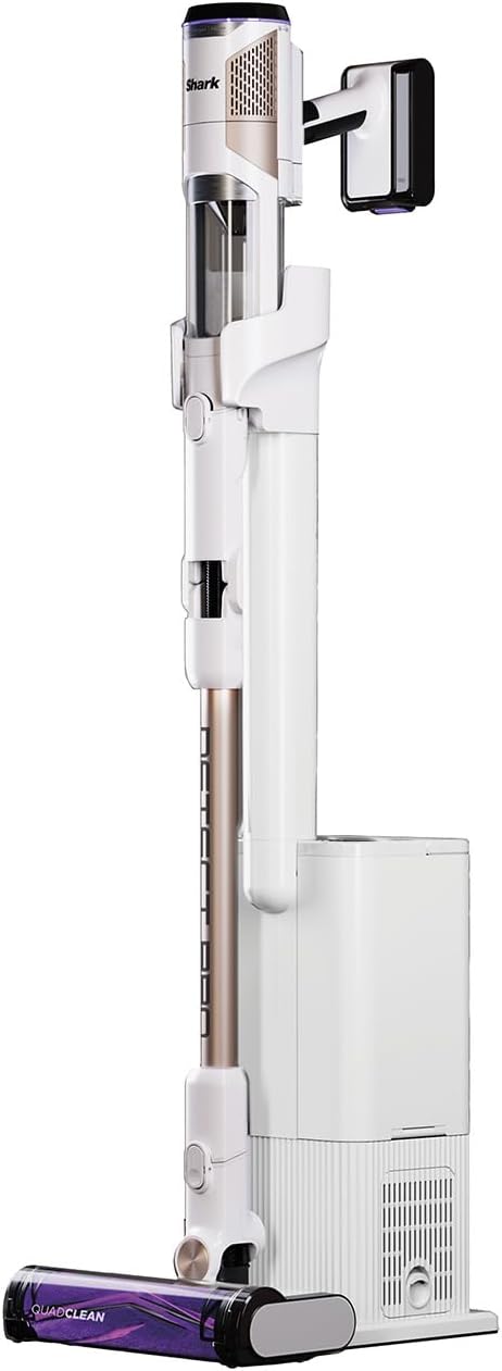 Shark Detect Pro Snoerloze Stofzuiger met 2L Automatisch Leegsysteem, Lichtgewicht, Flexibel, Anti Hair Wrap Stofzuiger met Borstel-Kierenhulpstuk, Tot 60 Minuten Gebruikstijd, Wit/Messing, IW3611EU