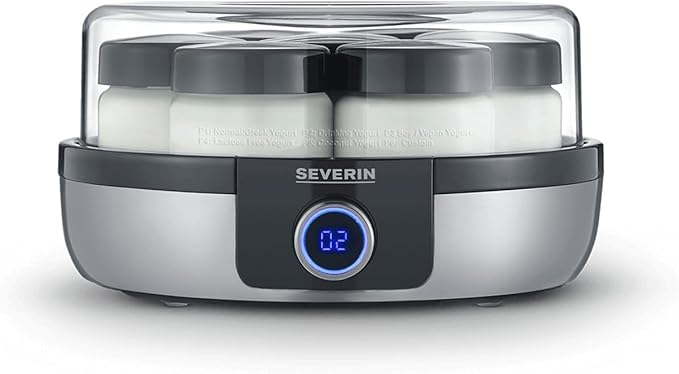 SEVERIN Yogurtera digital, mini yogurtera con 5 programas automáticos incluidos para hacer yogur casero, con 7 tarros con tapa, sin BPA, acero inoxidable cepillado/negro, JG 3521