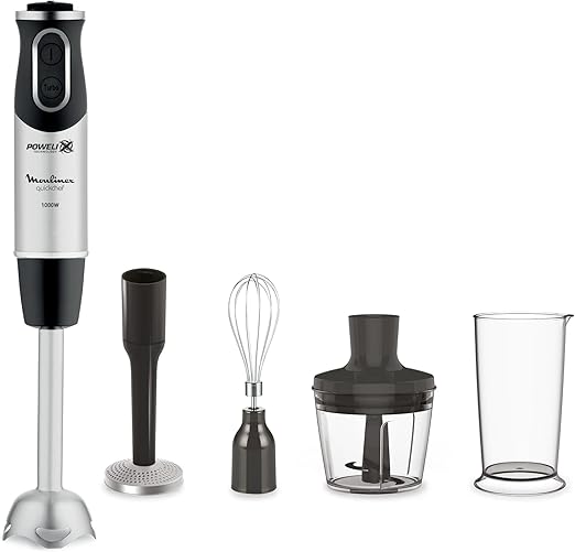 Moulinex DD65H810 Quickchef - Batidora de mano 1000 W con 4 accesorios, 1000 W, 10 velocidades, accesorio pasapuré, picadora, varillas, vaso medidor y pie metálico, cuchillas de acero robustas