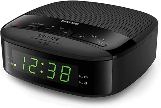 Philips Radiodespertador R3205/12 FM Radio (Alarma Dual, Temporizador, Diseño Compacto, Radio Digital FM, Batería de Reserva), Color Negro