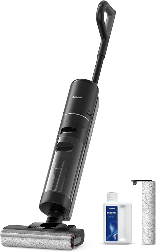 DREAME H12 Pro Aspirador Escoba sin Cables en Seco y Húmedo, Secado por Aire Caliente, 900 ml Tanque Agua, Limpieza de Bordes, 35 min, LED, Autolimpieza, Suelos Duros, Pelo de Mascotas, Negro