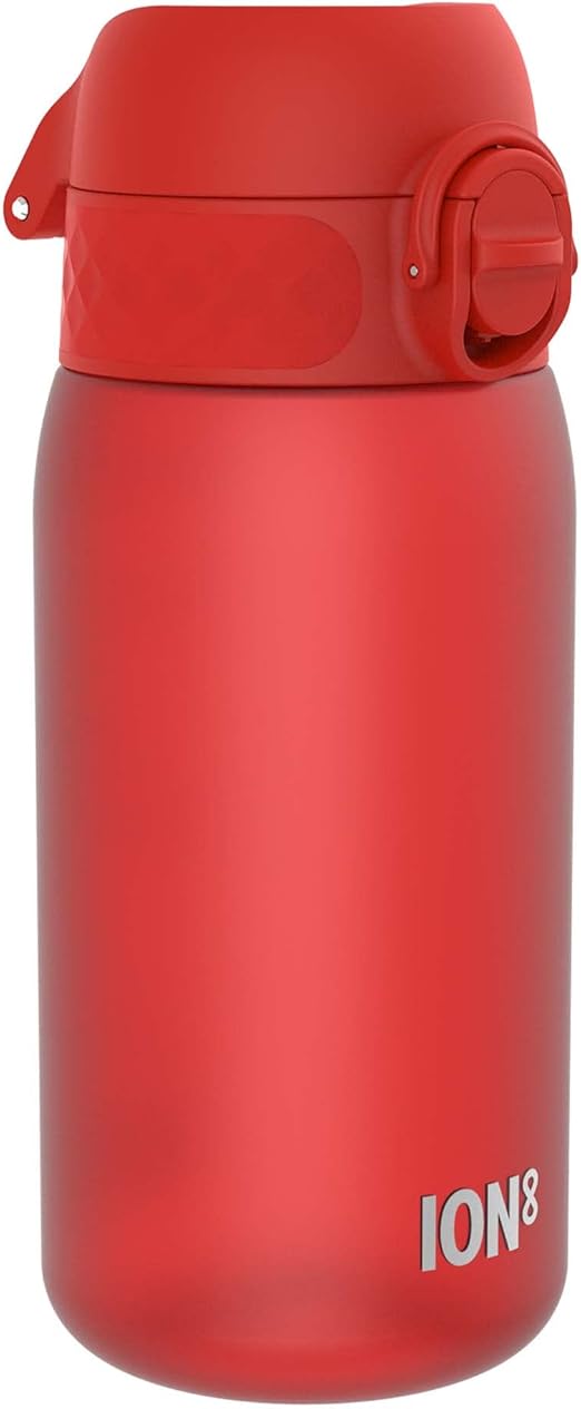 ion8 Botella de Agua para Niños, 350ml, a Prueba de Fugas, Fácil de Abrir, Cerradura Segura, Apta para Lavavajillas, Sin BPA, Asa de Transporte, Fácil de Limpiar, Neutro en Carbono, Rojo