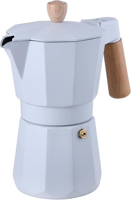 BERGNER NATURALLY - Cafetera 3 Tazas Aluminio Blanco - Conductor Térmico Superior - Mango y Pomo de Madera de Haya - Anillo de Silicona - Compatible con Varias Cocinas, Plata